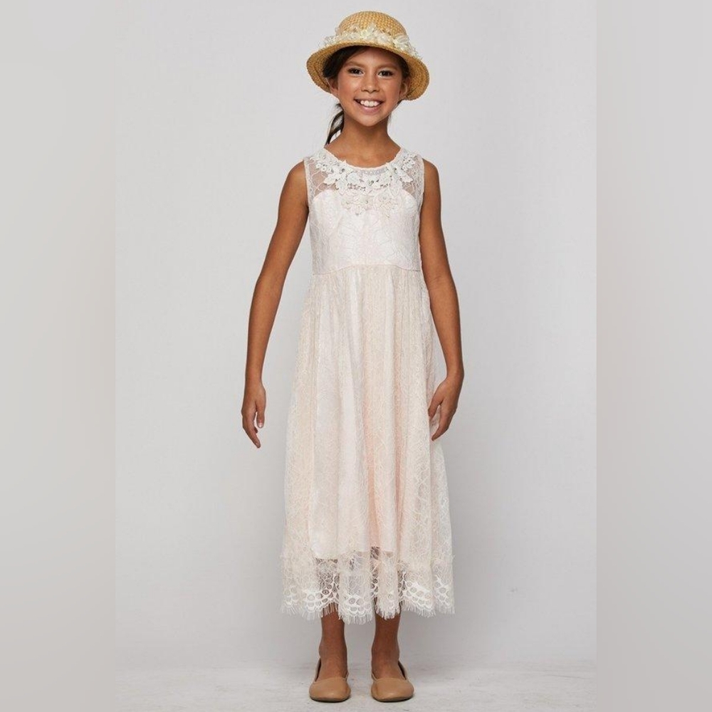 GIRLS LONG LACE DRESS WITH 3D FLOWERS BY CINDERELLA COUTURE